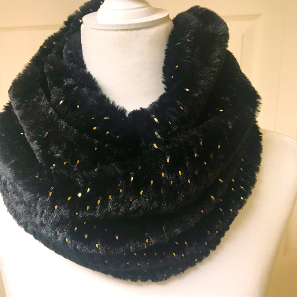 Black Faux Fur Infinity Scarf with Gold Sparkles